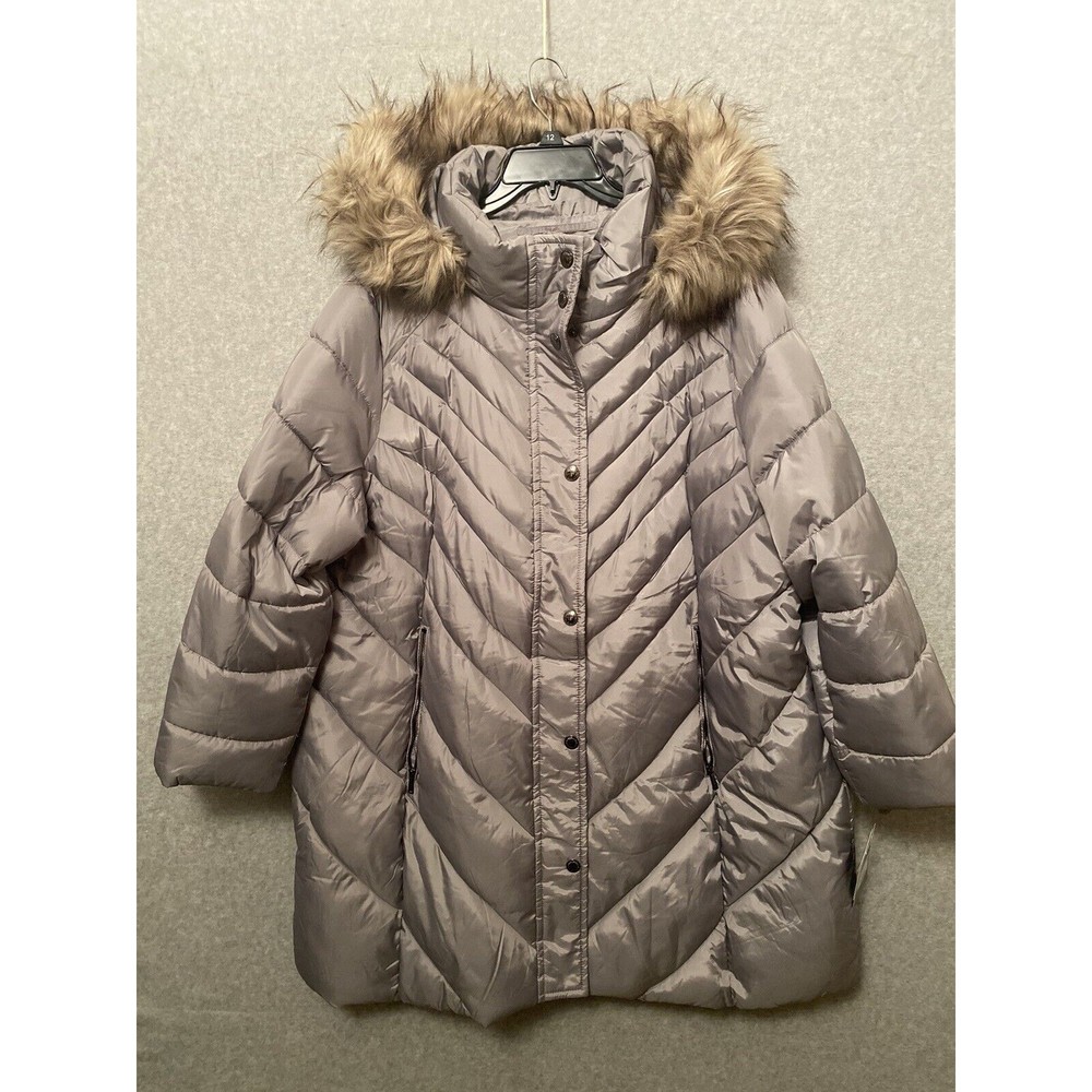 LONDON FOG Womens Plus 2X Faux-Fur Trim Hooded Down Puffer Coat Gray